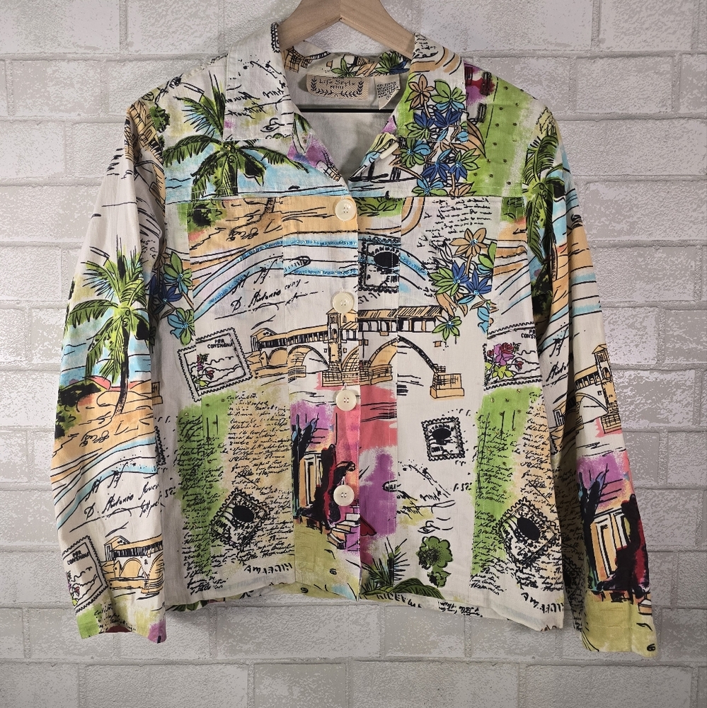 Life Style Petite Tropical Paradise Vacation Button Down Cover Shirt Size PL